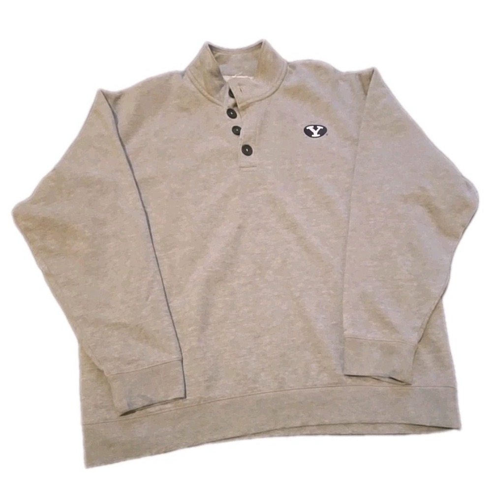 Vtg Champion BYU Sweater Mens 2XL Spell Out Mock Neck Pullover Beige Tan 90s